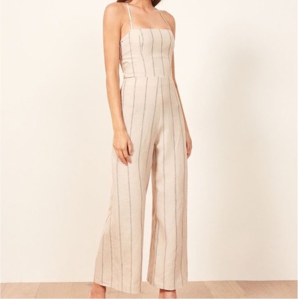 Reformation 100% Linen Elm Jager Jumpsuit size 8 striped blue jumpsuit open back